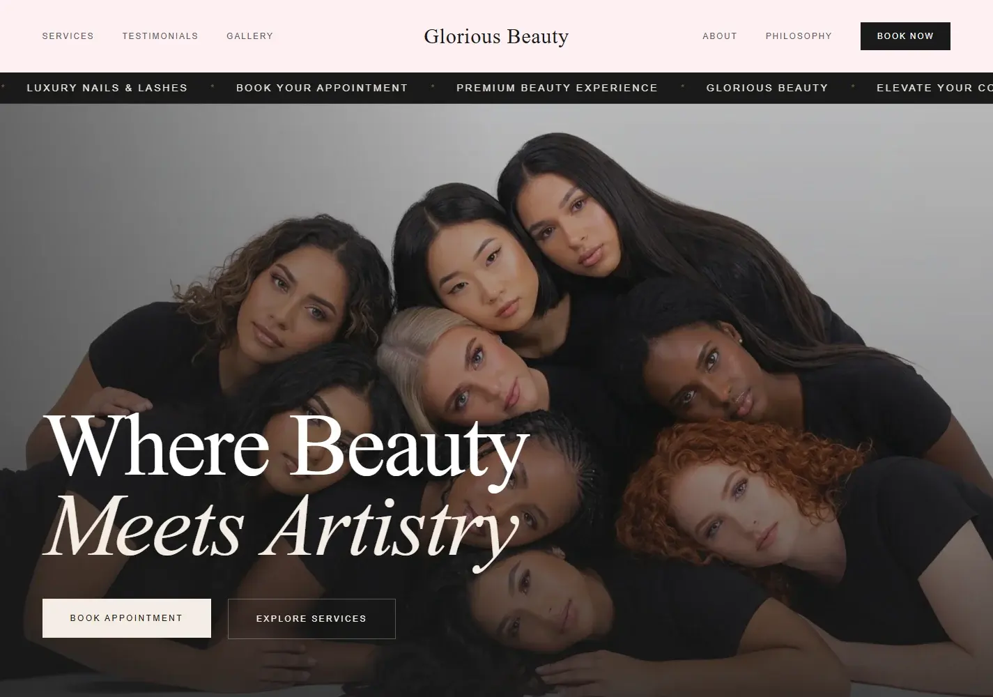 Homepage van Glorious Beauty — Desktop