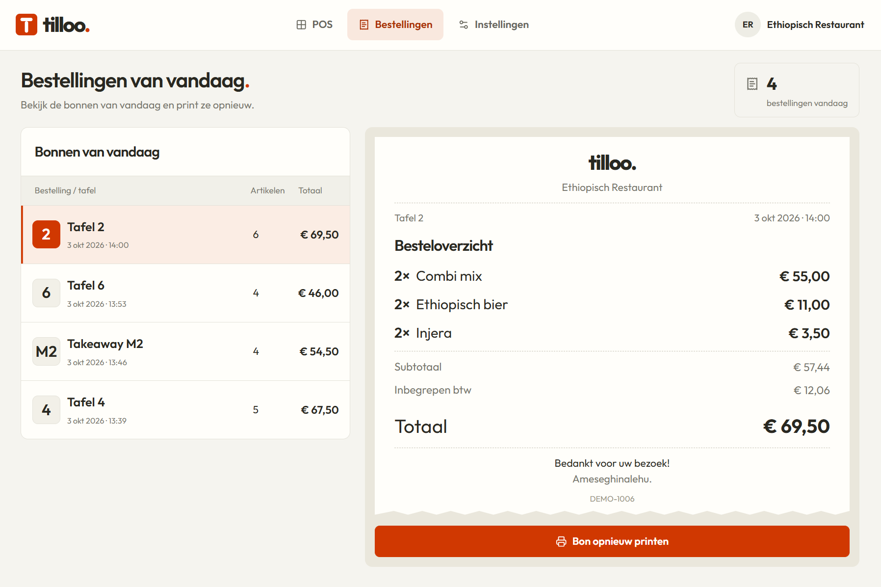 Tilloo-bestelgeschiedenis met afgeronde bestellingen en een bon die opnieuw geprint kan worden.