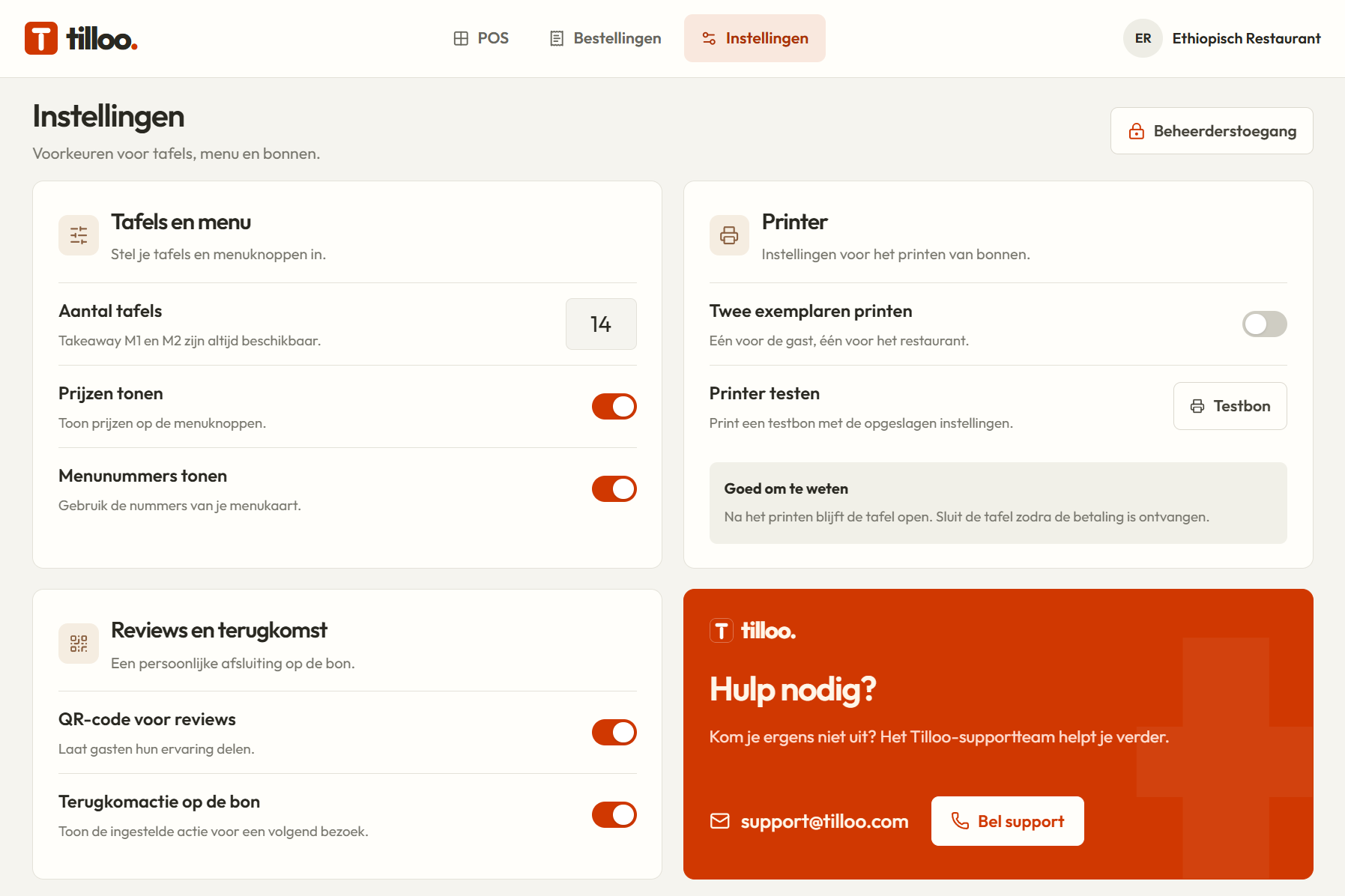 Tilloo-instellingen voor het aantal tafels en de weergave van prijzen en menunummers.